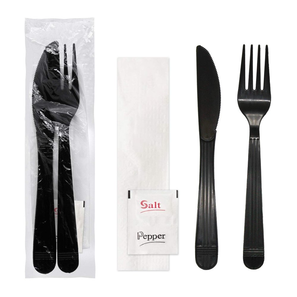 Party Essentials Individually Wrapped Black Plastic Utensil Sets/Heavy Duty Flatware Packs, Fork/Knife/Napkin/Salt/Pepper, 100 Sets