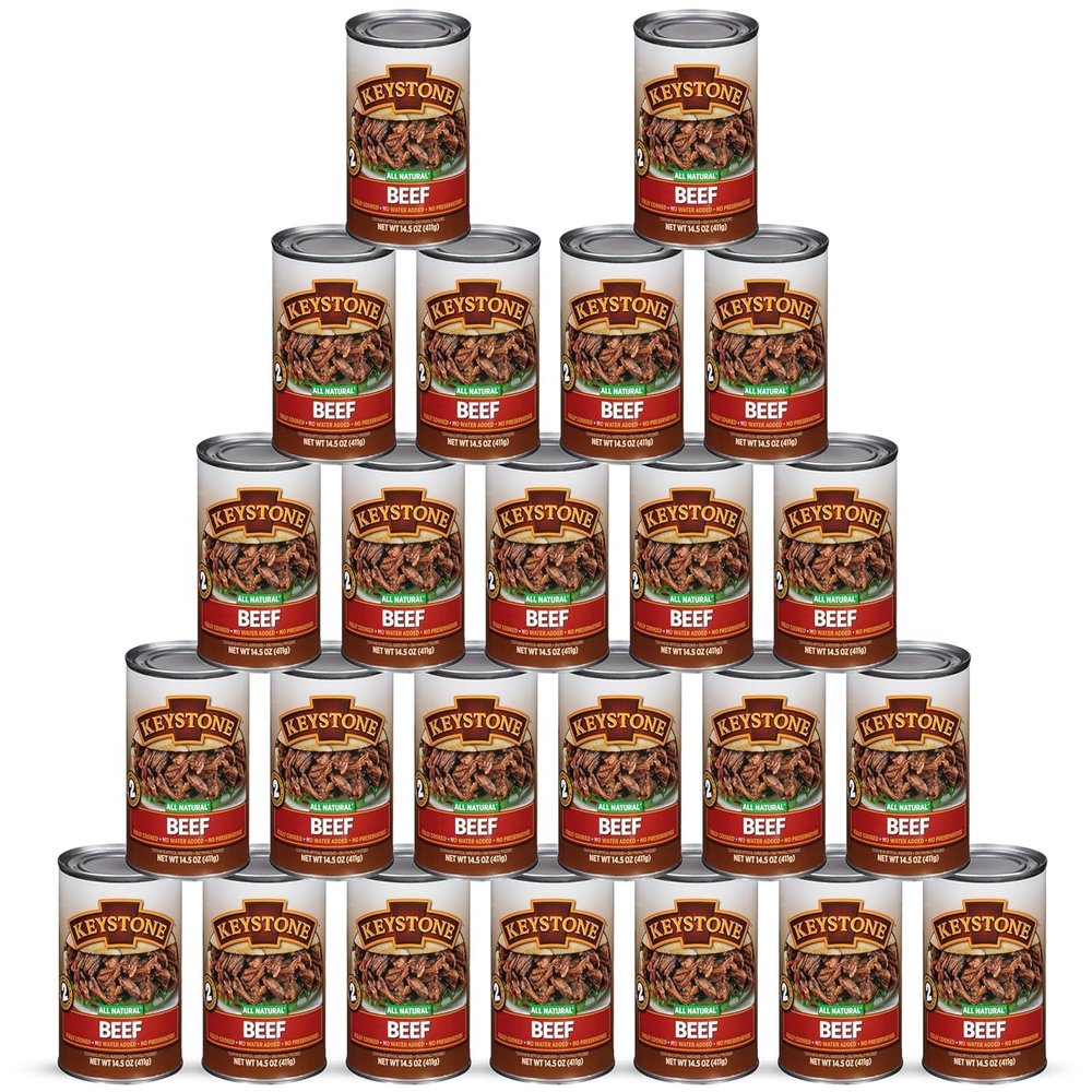 Keystone Meats All Natural Heat and Serve Canned Beef 14.5 oz Fully Cooked Canned Meat Ready to Eat 5-Year Shelf Life Pantry Staple for Everyday Meals, Emergency Survival Food Made in USA Pack of 24