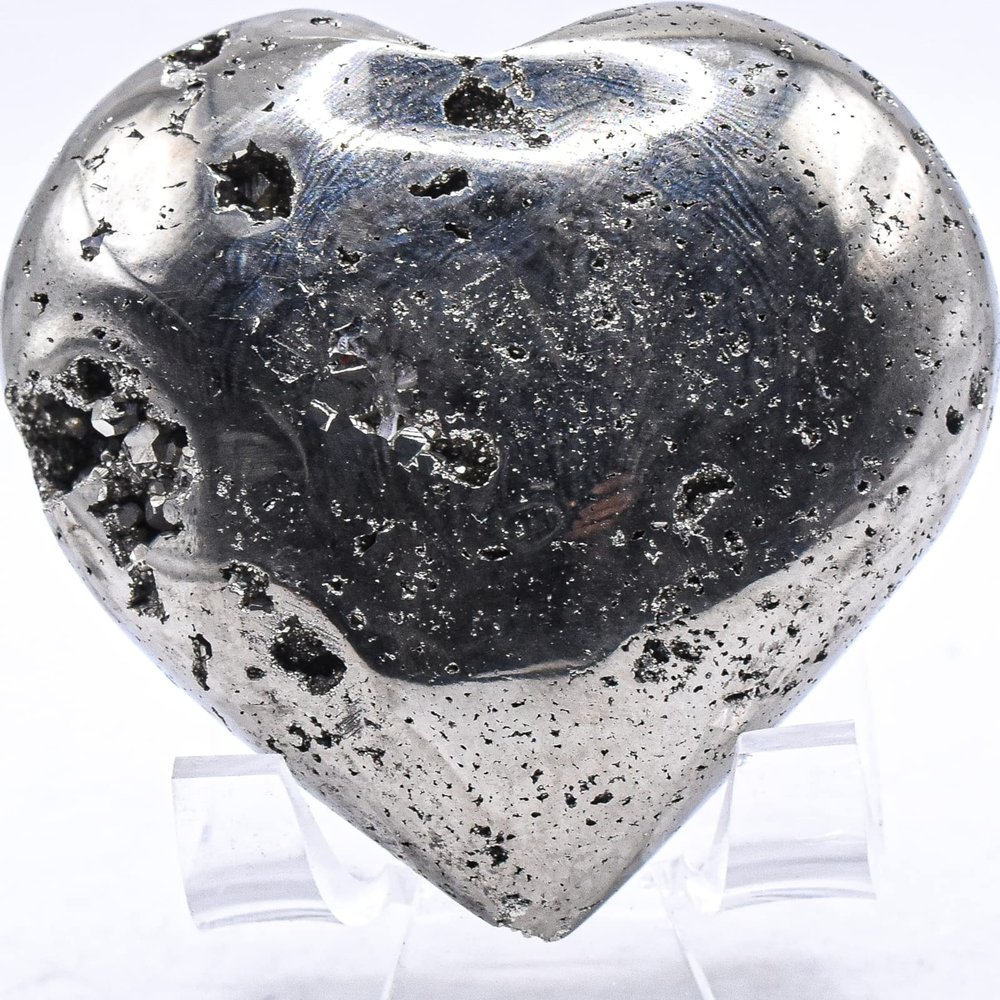 2.4" 230g Iron Pyrite Druzy Geode Heart Polished Natural Sparkling Gemstone Crystal Mineral Cluster Specimen - Peru + Stand