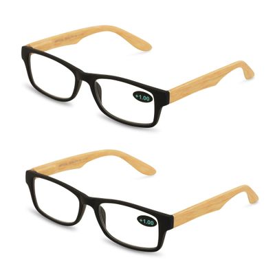 V.W.E. 2 Pairs of Wood Grain Printed Temple Arm Reading Glasses - Spring hinge men women readers (2 Black, 3.25)