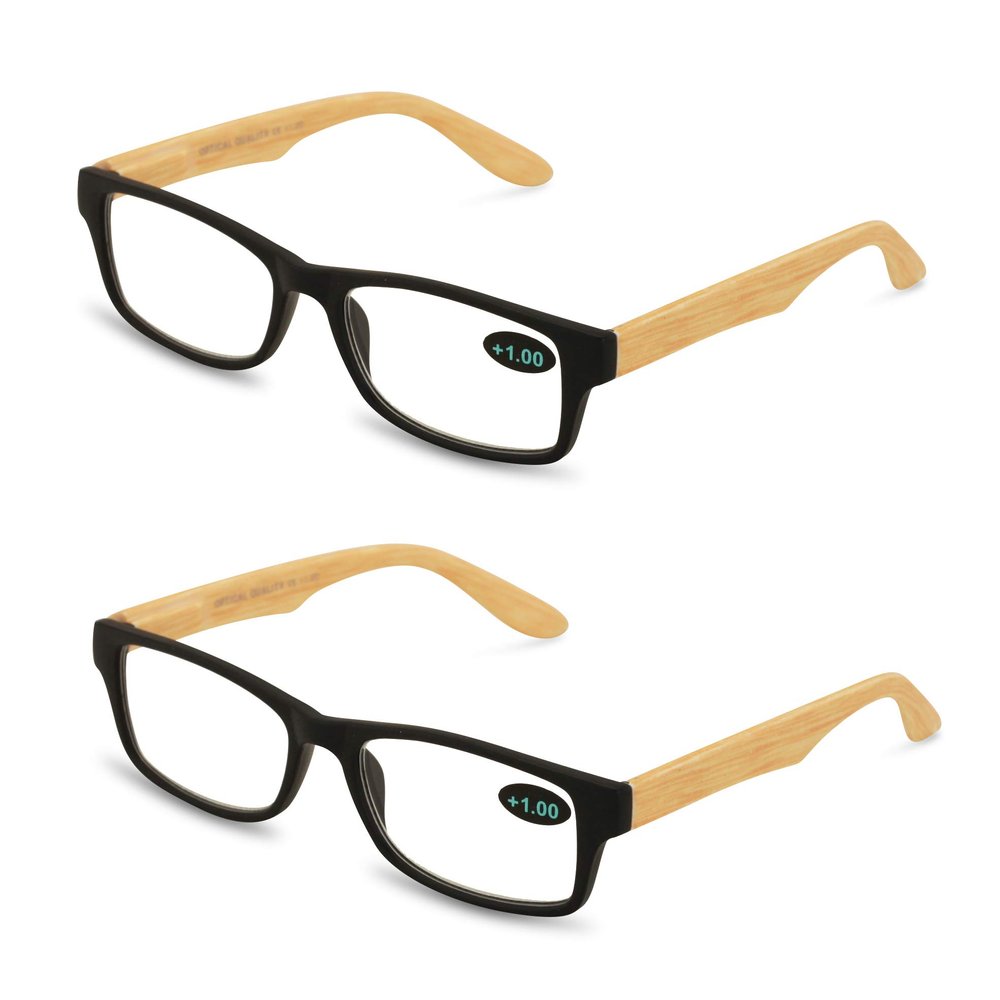 V.W.E. 2 Pairs of Wood Grain Printed Temple Arm Reading Glasses - Spring hinge men women readers (2 Black, 3.25)