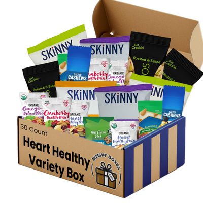 Heart Healthy Snacks Variety Pack Nuts, Trail Mix, and Popcorn Individually Wrapped Snack Box for Adults On-the-Go 30 Count Assembled by Bussin Boxes