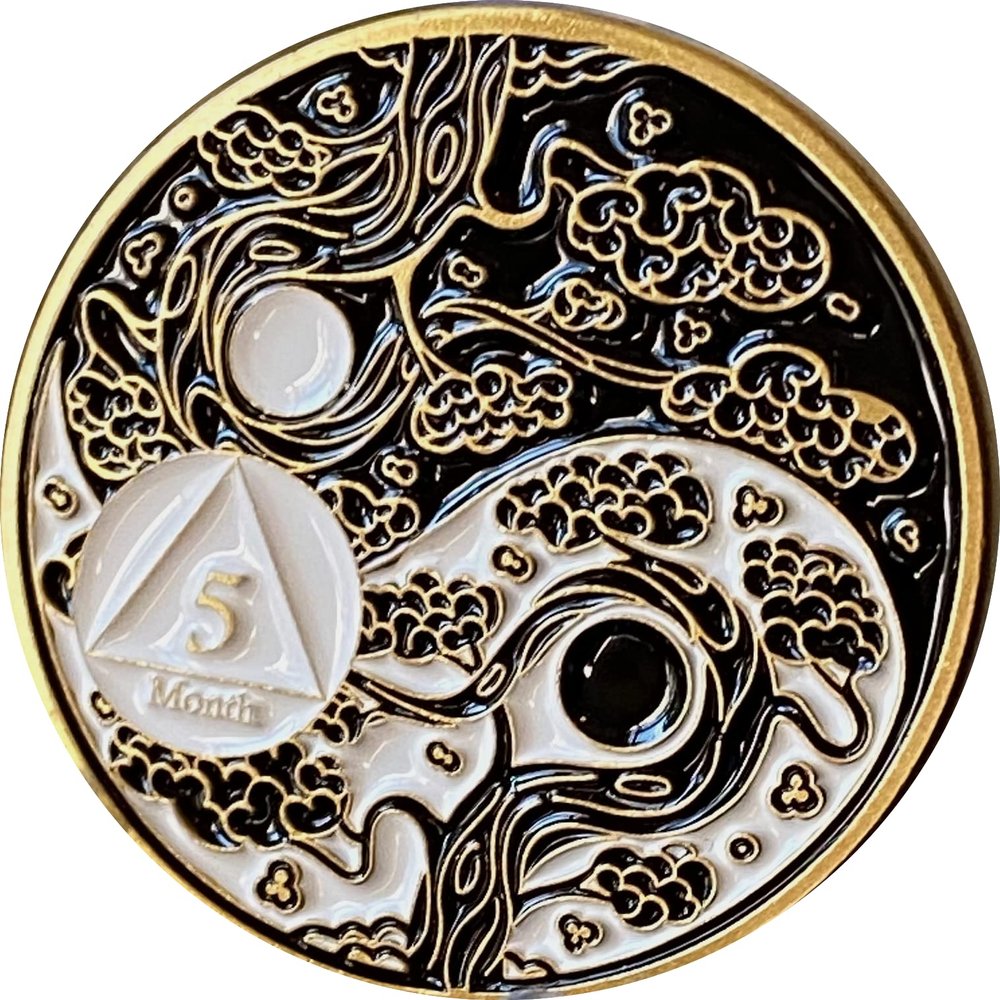 5 Month AA Medallion Ying Yang Black White Color Serenity Prayer Ship