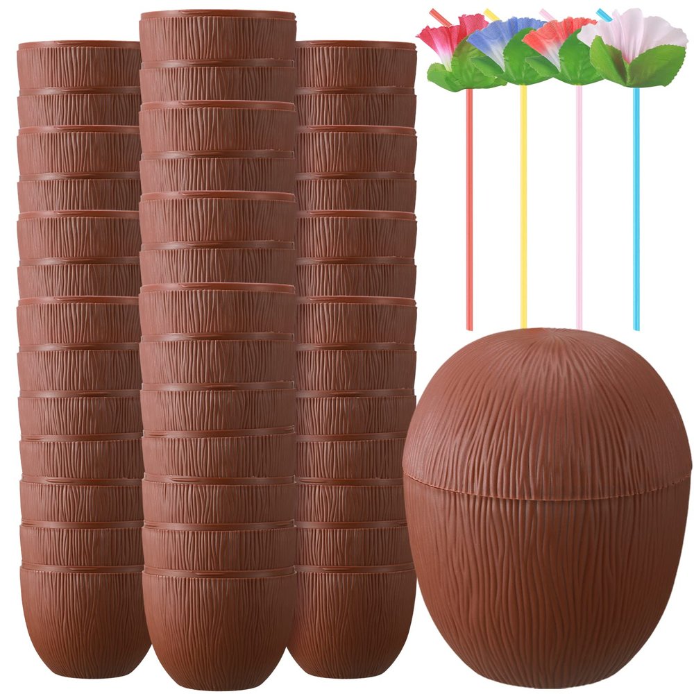36 Pieces Coconut Cups with 36 Pieces Flower Straws Tropical Coconut Drink Cups Plastic Hawaii Party Cups with Straws for Hawaiian Luau Tiki and Beach Summer Theme Party Decoration for Kids and Adults