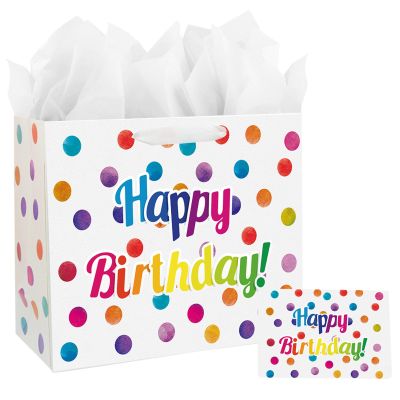 13" Large Happy Birthday Gift Bag with Card and Tissue Papers for Kids with Handles (Dots)