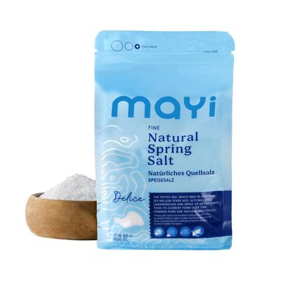 MAY Natural Spring Fine Ground Salt 1.2 lb - Hand-Harvested, Kosher, Microplastic-Free, Mineral-Rich for Electrolyte Drinks, Unrefined Healthy Salt for Cooking, Baking, Canning & Pickling