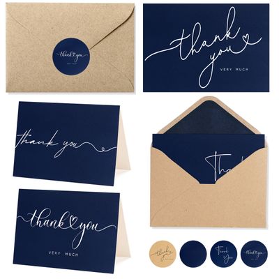 100 Bulk Navy Thank You Cards with Kraft Envelopes and stickers - 4 Minimalistic Designs Blank Thank You Notes with Envelopes Matt for business Wedding Bridal Gift Baby Shower Business Graduation
