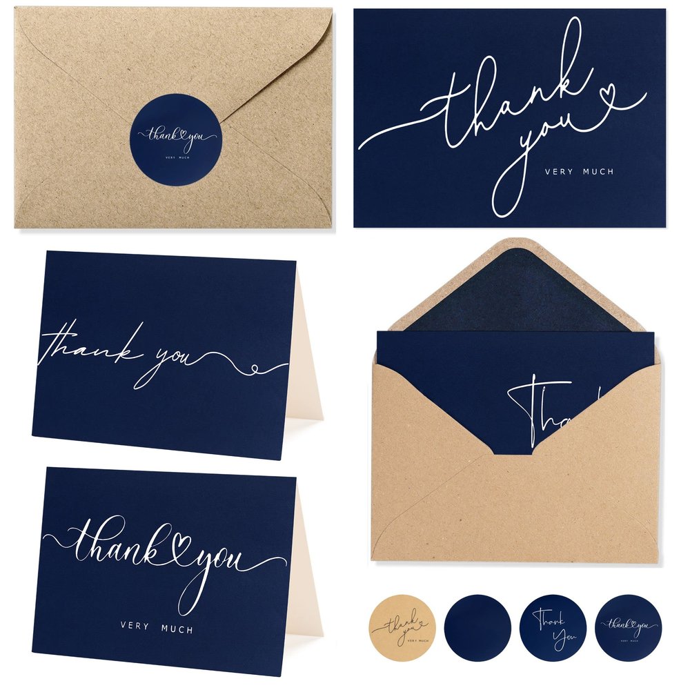 100 Bulk Navy Thank You Cards with Kraft Envelopes and stickers - 4 Minimalistic Designs Blank Thank You Notes with Envelopes Matt for business Wedding Bridal Gift Baby Shower Business Graduation