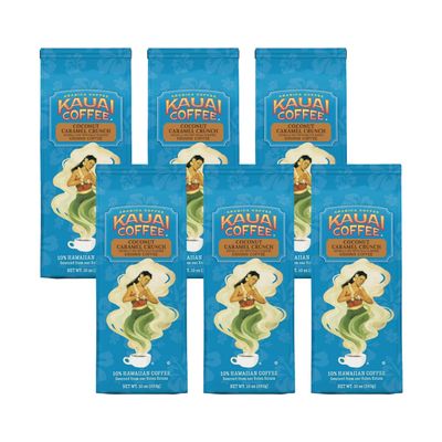 Kauai Hawaiian Ground Coffee, Coconut Caramel Crunch Flavor Hawaiian Coffee from Hawaii's Largest Coffee Grower, Bold, Rich Blend, 10 Ounce (Pack of 6)