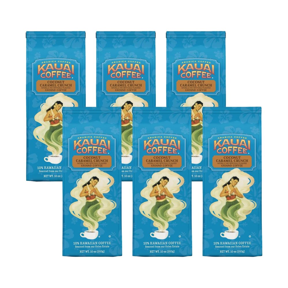 Kauai Hawaiian Ground Coffee, Coconut Caramel Crunch Flavor Hawaiian Coffee from Hawaii's Largest Coffee Grower, Bold, Rich Blend, 10 Ounce (Pack of 6)