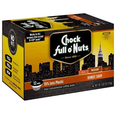 Chock Full ONuts Donut Shop Medium Roast, K Cup Compatible Coffee Pods, Eco-Friendly Keurig-Compatible Single Serve Cups, 12 Count (Pack of 1)