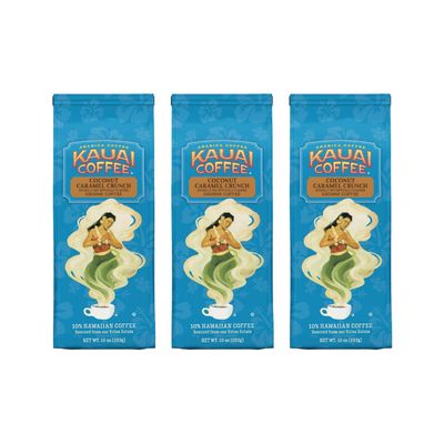 Kauai Hawaiian Ground Coffee, Coconut Caramel Crunch Flavor - Hawaiian Coffee from Hawaii's Largest Coffee Grower - Bold, Rich Blend,10 Ounce (Pack of 3)
