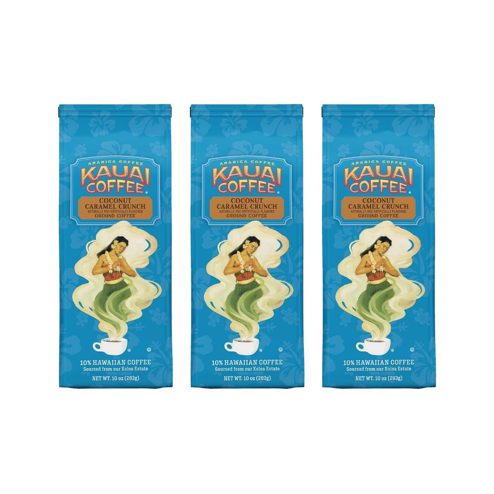 Kauai Hawaiian Ground Coffee, Coconut Caramel Crunch Flavor - Hawaiian Coffee from Hawaii's Largest Coffee Grower - Bold, Rich Blend,10 Ounce (Pack of 3)