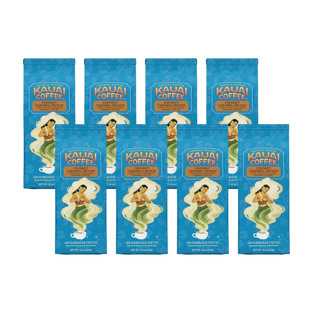 Kauai Hawaiian Ground Coffee, Coconut Caramel Crunch Flavor - 10% Hawaiian Coffee from Hawaii's Largest Coffee Grower - Bold, Rich Blend 10 Ounce (Pack of 8)