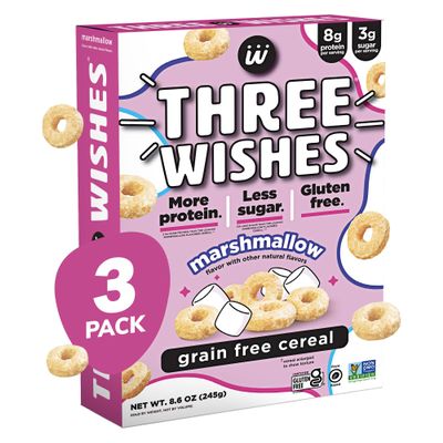 Three Wishes Grain-Free & Protein Cereal - Healthy, Low Sugar & Gluten-Free Breakfast Cereal - Low Carb, Plant-Based, Vegan & Non-GMO - Marshmallow, 3-Pack