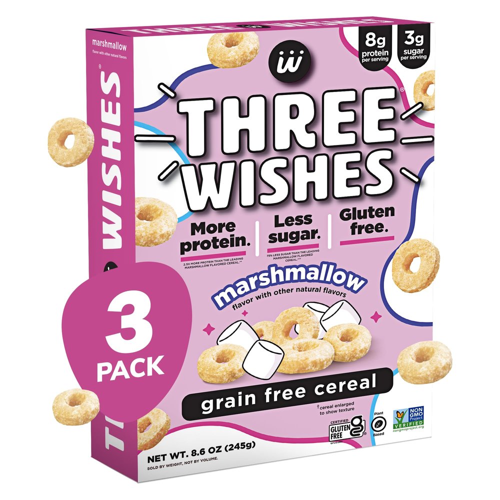 Three Wishes Grain-Free & Protein Cereal - Healthy, Low Sugar & Gluten-Free Breakfast Cereal - Low Carb, Plant-Based, Vegan & Non-GMO - Marshmallow, 3-Pack