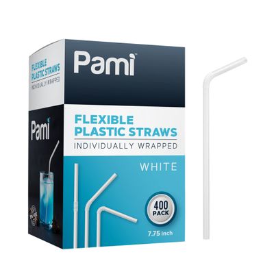 PAMI Flexible Plastic Bent Straws, Individually Wrapped [Pack of 400] - 7.75 White Drinking Straws For Coffee, Cocktails, Drinks- BPA-Free