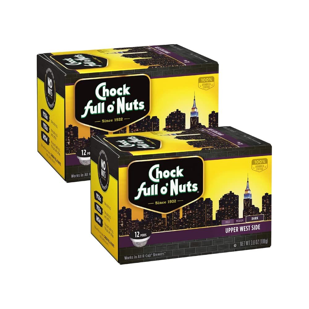 Chock Full oNuts Upper West Side Dark Roast, K-Cup Compatible Pods  Arabica Coffee in Eco-Friendly Keurig-Compatible Single Serve Cups (3.8 Ounce (Pack of 2))