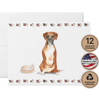 Twigs Paper - Boxer Dog Note Cards - Set of 12 Blank Cards (5.5 x 4.25 Inch) with 12 Envelopes - 100% EcoFriendly Stationery - Made In USA