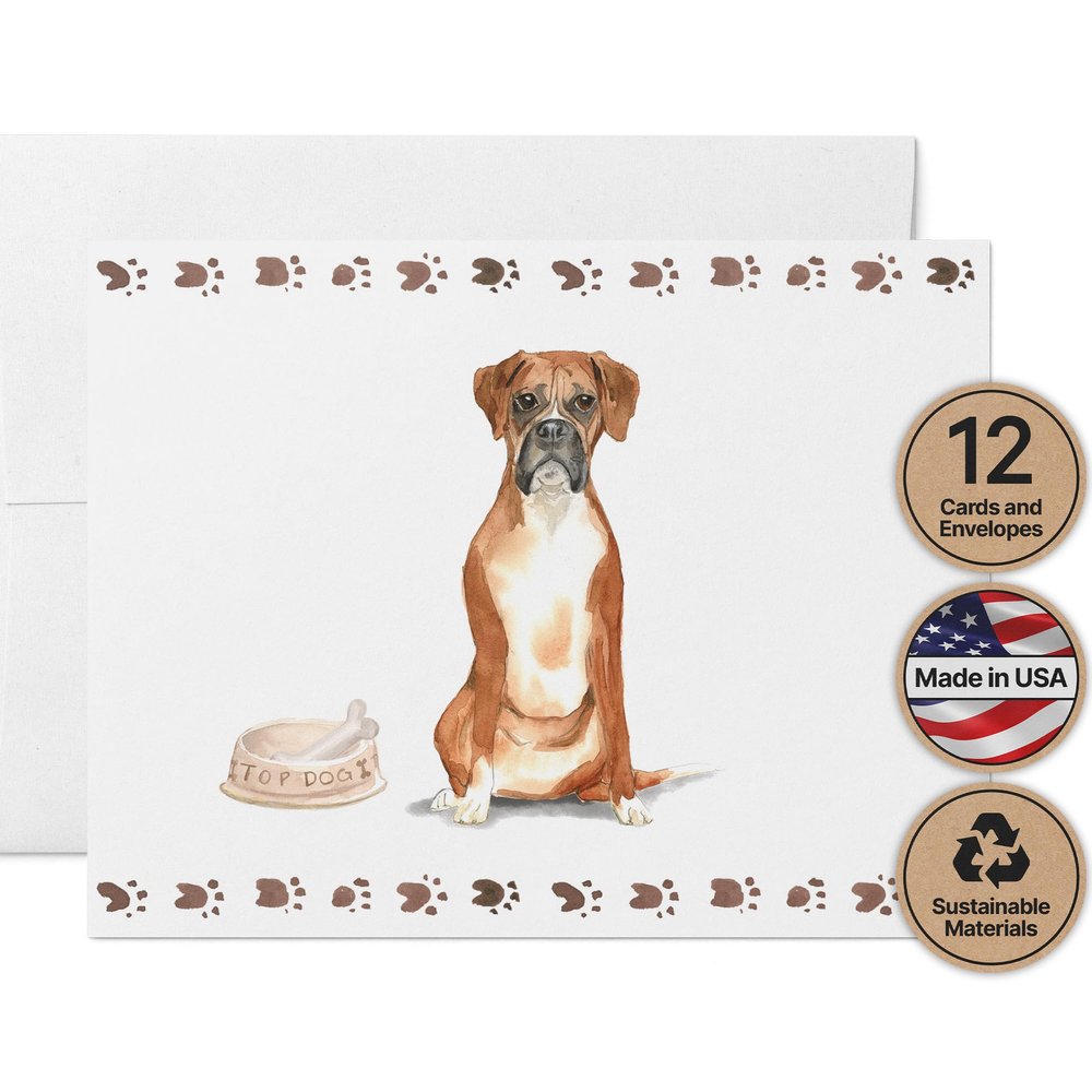 Twigs Paper - Boxer Dog Note Cards - Set of 12 Blank Cards (5.5 x 4.25 Inch) with 12 Envelopes - 100% EcoFriendly Stationery - Made In USA