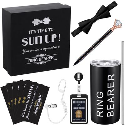 12 Pcs Ring Security Wedding Ring Bearer Gift Include Groomsmen Gift Boxes, Bow Tie, Badge, Sunglasses, Card, Earpiece Tube, Diamond Pen, Groomsmen Proposal Box for People Over 6+