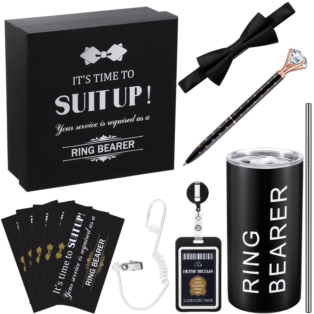 12 Pcs Ring Security Wedding Ring Bearer Gift Include Groomsmen Gift Boxes, Bow Tie, Badge, Sunglasses, Card, Earpiece Tube, Diamond Pen, Groomsmen Proposal Box for People Over 6+