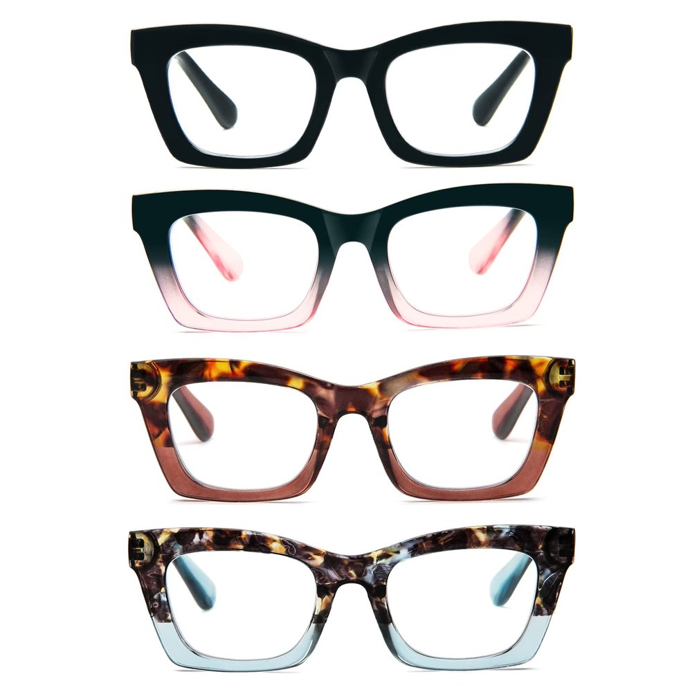 prtcslwd 4 Pack Reading Glasses for Women Oprah Style Oversized Square Spring Hinge Blue Light Blocking Glasses (Black/Black Pink/Tortoiseshell Brown/Tortoiseshell Blue, 2.00, multiplier_x)