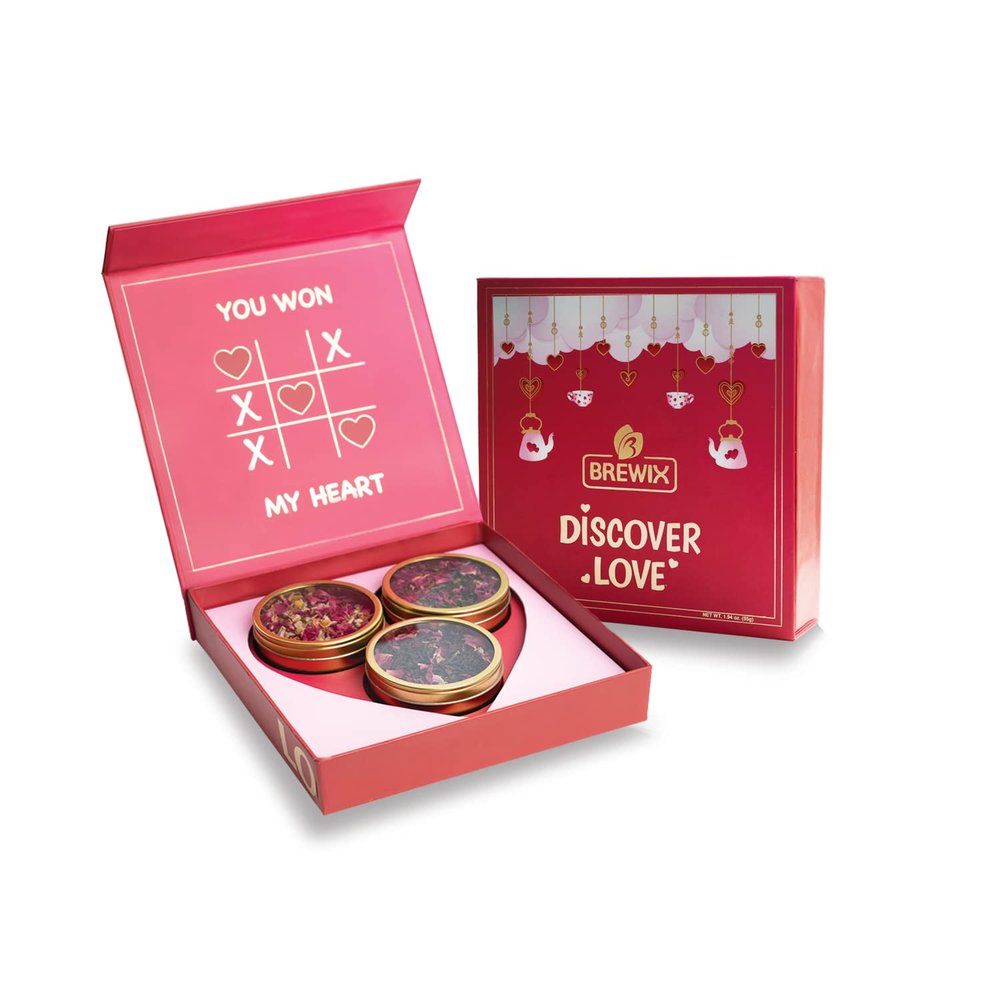 BREWIX, Assorted Tea Gift Set - Discover Love (1.94oz/55gms) | Valentine Gifts for Women | Variety Tea Rose - Green Tea, Black Tea & Herbal Tea | Gifts for Women | Valentines day gifts for her