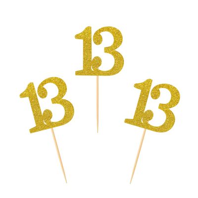 Donoter 50pcs 13th Cupcake Toppers Gold Glitter Number 13 Cake Picks for Birthday Anniversary Party Decoration