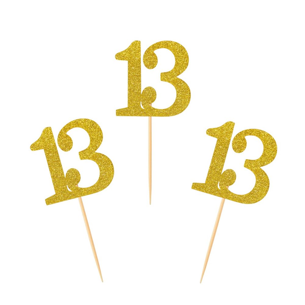 Donoter 50pcs 13th Cupcake Toppers Gold Glitter Number 13 Cake Picks for Birthday Anniversary Party Decoration