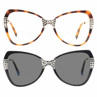 2pcs Transition Photochromic Rhinestone Bifocal Reading Glasses For Women Oversized Stylish Cat Eye Readers Sunglasses (2pcs-black&leopard, 2.75, multiplier_x)
