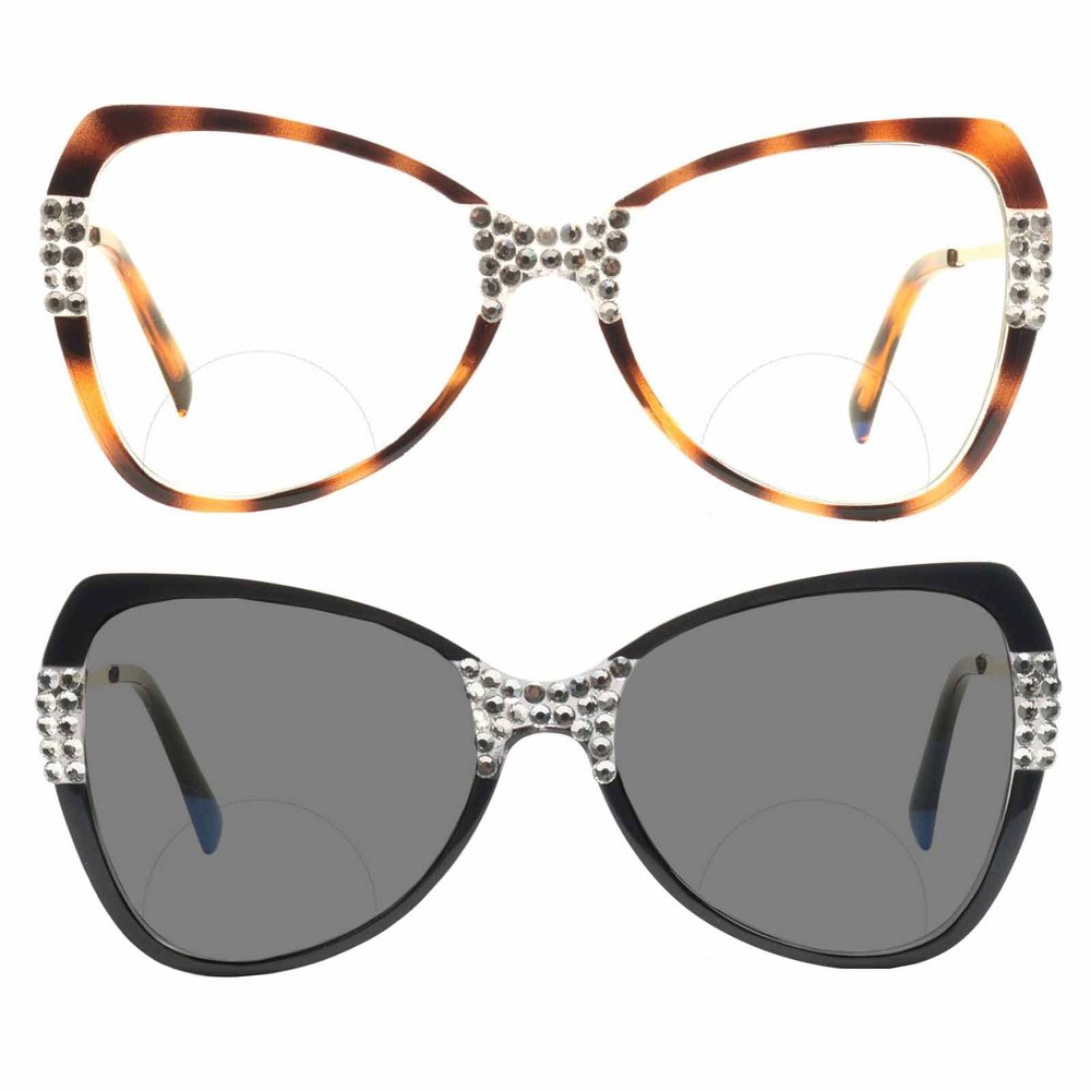 2pcs Transition Photochromic Rhinestone Bifocal Reading Glasses For Women Oversized Stylish Cat Eye Readers Sunglasses (2pcs-black&leopard, 2.75, multiplier_x)
