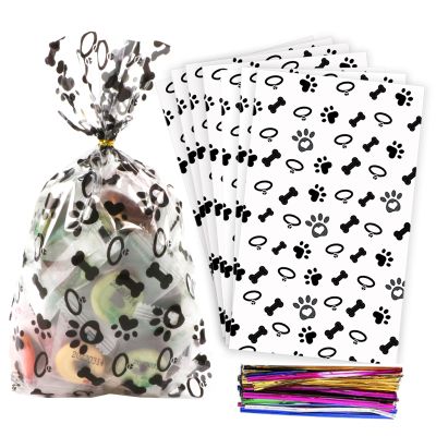Coqofa 100 Pcs 6"X10" Dog Paw Bone Cellophane Treat Bags - Clear Candy Cookie Bags with Twist Ties for Pet Treat Party Favor - Black