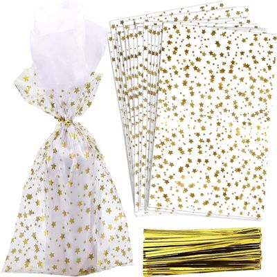 COQOFA 200 Pcs Star Printed 4"X 9" Gift Wrap Cello Cellophane Treat Bags Party Favor bags Clear Candy Cookie Bags Plastic Poly Goodie Storage Bags with Twist Ties for Bakery,Birthday, Wedding ,Party Decorations (Gold)