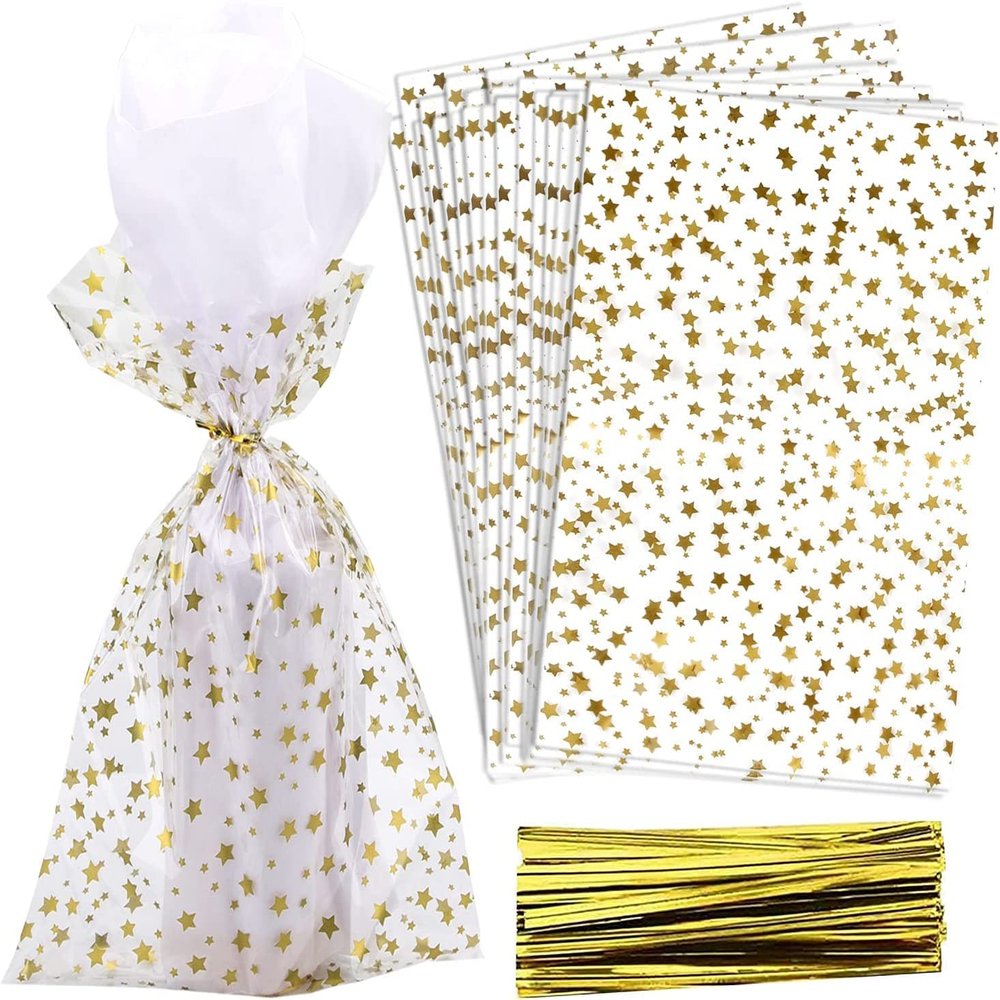 COQOFA 200 Pcs Star Printed 4"X 9" Gift Wrap Cello Cellophane Treat Bags Party Favor bags Clear Candy Cookie Bags Plastic Poly Goodie Storage Bags with Twist Ties for Bakery,Birthday, Wedding ,Party Decorations (Gold)