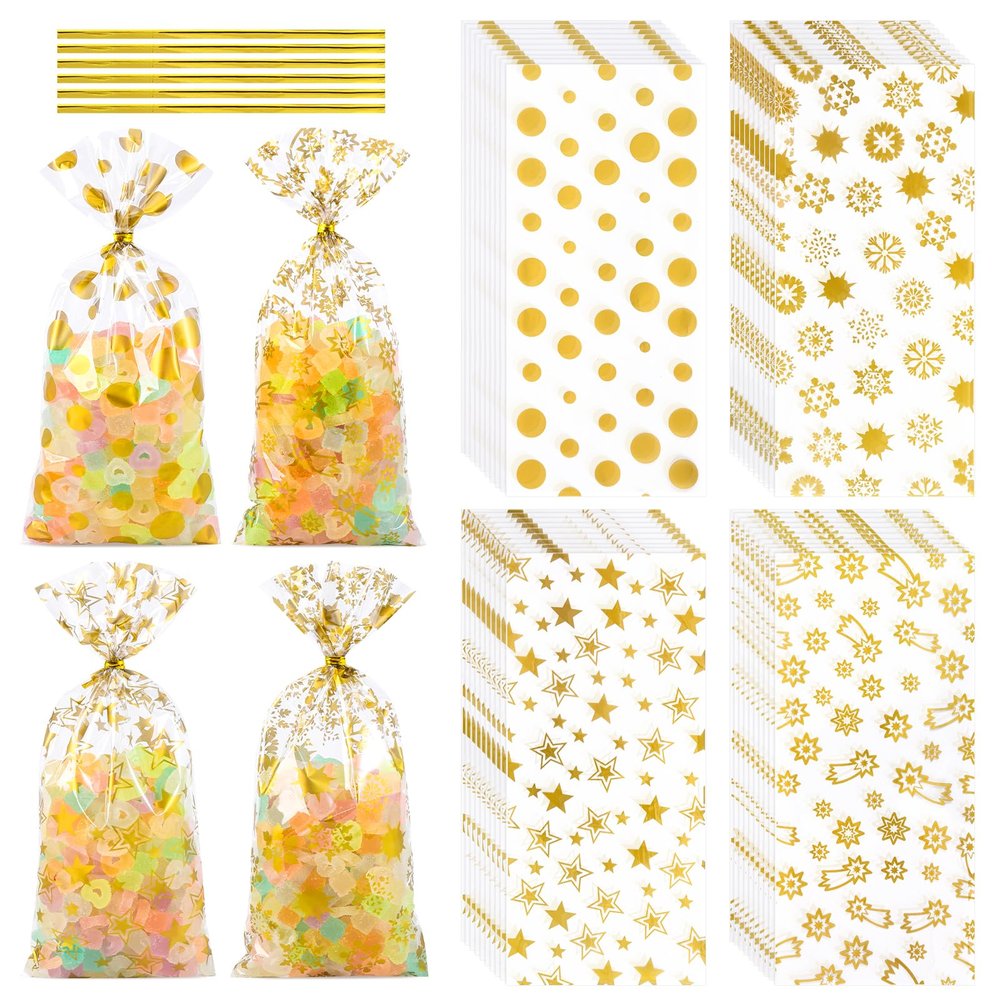 COQOFA 100 Pcs Mixed 5"X11" Gift Wrap Cellophane Treat Bag Party Favor bags Clear Candy Cookie Bags Plastic Poly Goodie Storage Bag with Twist Ties for Baby Shower,Gender Reveal, Birthday, Wedding ,Party Decorations (GOLD 4 Patterns)