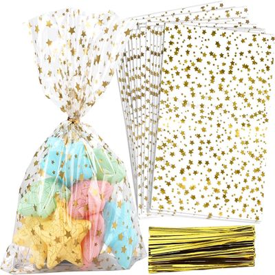 OQOFA 200 Pcs Star Printed 5"X7" Gift Wrap Cello Cellophane Clear Candy Cookie Treat Bags Plastic Poly Goodie Storage Bags with Twist Ties for Bakery, Birthday, Wedding, Party
