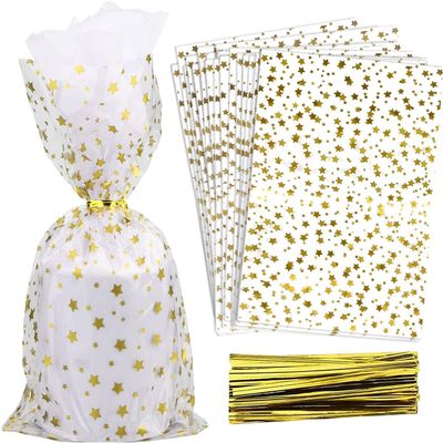 COQOFA 200 Pcs Star Printed 6"X10" Gift Wrap Cello Cellophane Treat Bags Party Favor bags Clear Candy Cookie Bags Plastic Poly Goodie Storage Bags with Twist Ties for Bakery,Birthday, Wedding ,Party Decorations (Gold)