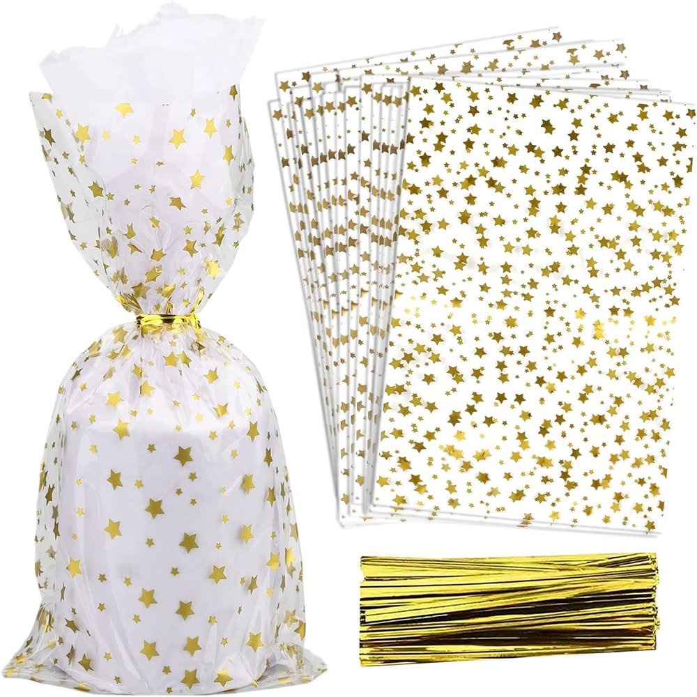 COQOFA 200 Pcs Star Printed 6"X10" Gift Wrap Cello Cellophane Treat Bags Party Favor bags Clear Candy Cookie Bags Plastic Poly Goodie Storage Bags with Twist Ties for Bakery,Birthday, Wedding ,Party Decorations (Gold)