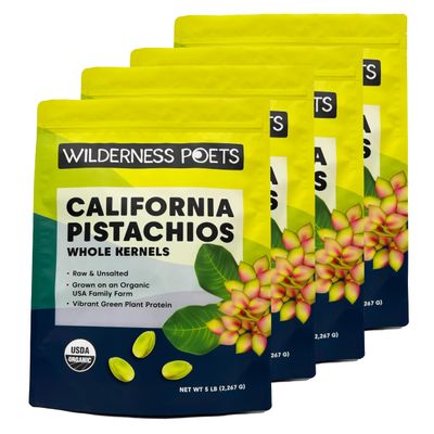 Wilderness Poets, Organic, Whole, Raw Pistachios - Grown in California, Fresh, Bright Green, Unsalted, Unroasted, Bulk Size - 5 Pound (Pack of 4)
