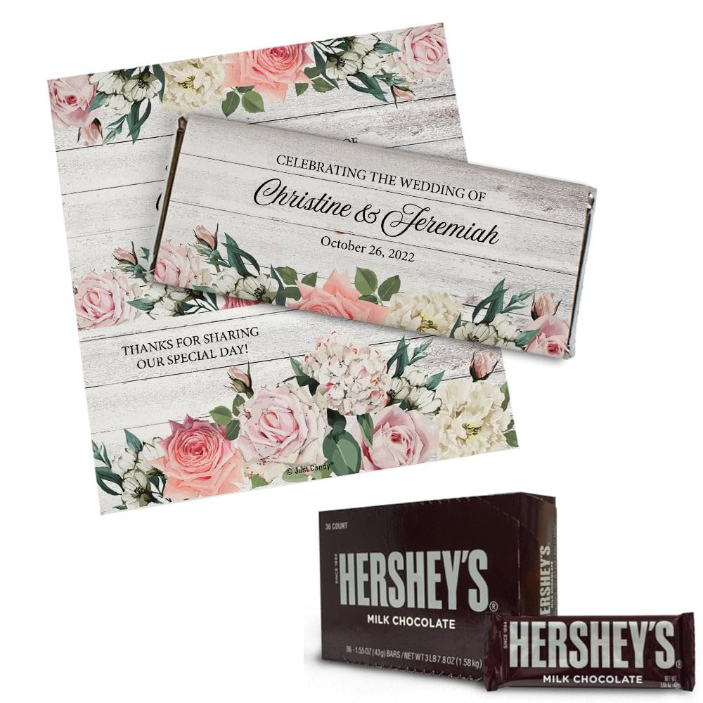 36ct Personalized Wedding Candy Party Favors DIY Chocolate Bars (36 Pack) - Pink Floral - Assembly Required