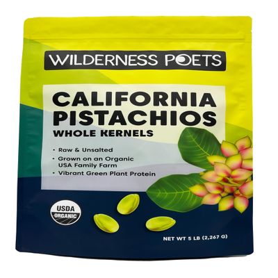 Wilderness Poets, Organic, Whole, Raw Pistachios - Grown in California, Fresh, Bright Green, Unsalted, Unroasted, Bulk Size (80 Ounce - 5 Pound)