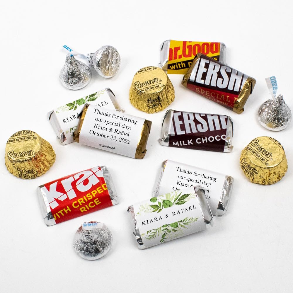 105 Pcs Personalized Wedding Candy Party Favors, Chocolate Assortment - Botanical Design
