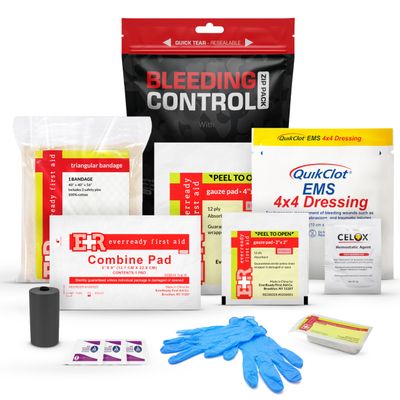 Bleeding Control Zip Pack with QuikClot, Celox, Gauze Pads, Triangular Bandage, BZK Wipes, Nitrile Gloves, Tape Trauma First Aid Kit for Emergency Use