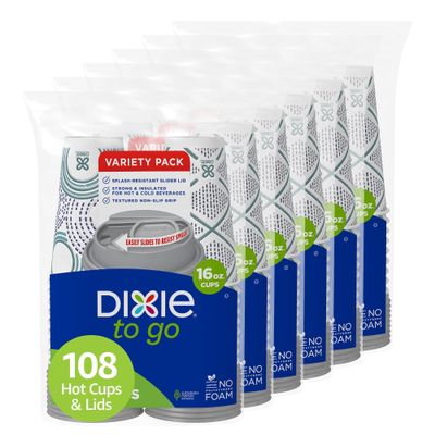 Dixie To Go Paper Coffee Cups With Lids, 16 oz, 108 ct, Disposable Insulated Paper Cups for On-The-Go Hot or Cold Beverages