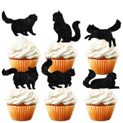 18pcs Black Silhouette Glitter Cat Dessert Cupcake Topper Cat Theme Decorations Baby Shower Boys Girls Happy Birthday Party Decor Supplies