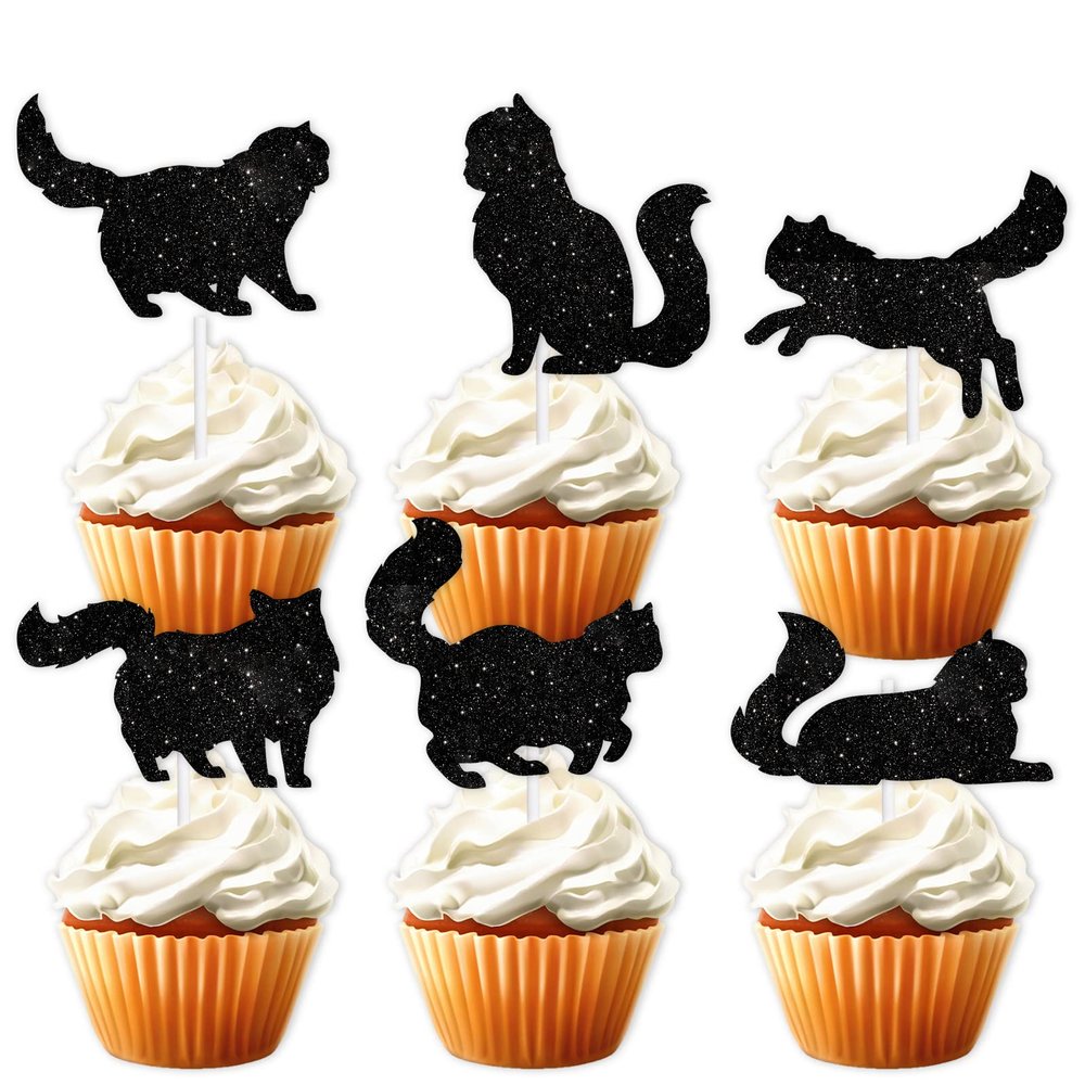 18pcs Black Silhouette Glitter Cat Dessert Cupcake Topper Cat Theme Decorations Baby Shower Boys Girls Happy Birthday Party Decor Supplies