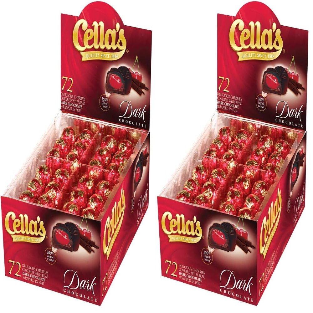 Cella's Dark Chocolate Covered Cherries  Premium Cherry Cordial Candies  Individually Wrapped with Display Box (72-Count Box - 2.25 Pounds) (Pack of 2)