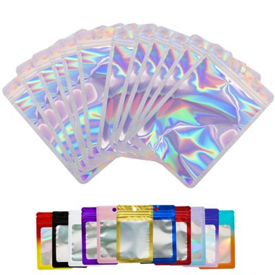 Funnyleaf 100 PCS Holographic Resealable Mylar Holographic Bags Food Storage Smell Proof Bags with Front Window Packaging Pouch for Cookies Sample Jewelry Snack, 5.51x7.88 Inch