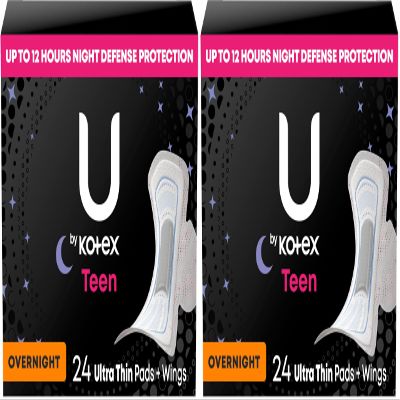 U by Kotex Sanitary Pads, Ultra Thin, Overnight, 48 Count Pack of 2 | Teen | With Wings | Unscented